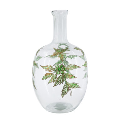 Clear Glass Vase with Green and Gold Botanical Design, 16.5"