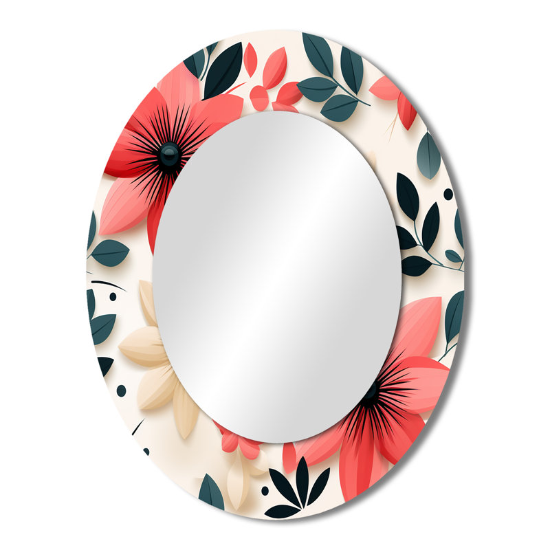 Conformation à motif floral rose et blanc - miroir mural traditionnel ovale, H 43 po x l 33 po
