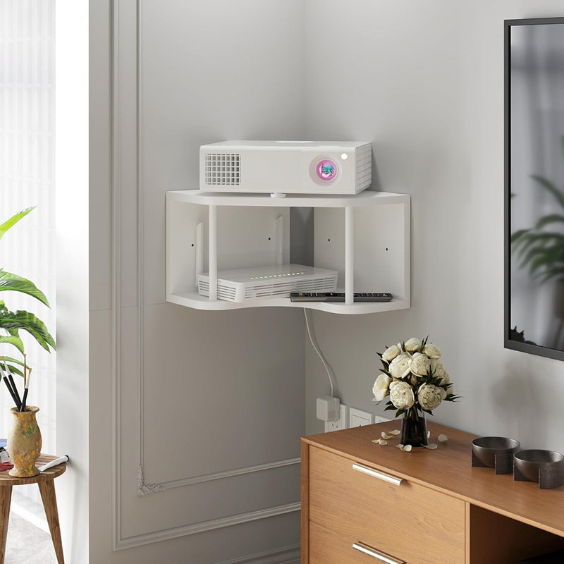 Tablette de coin blanche flottante en bois de pin à 90 ° avec trou pour cordon, tablette de chevet ou de projecteur, 18 po