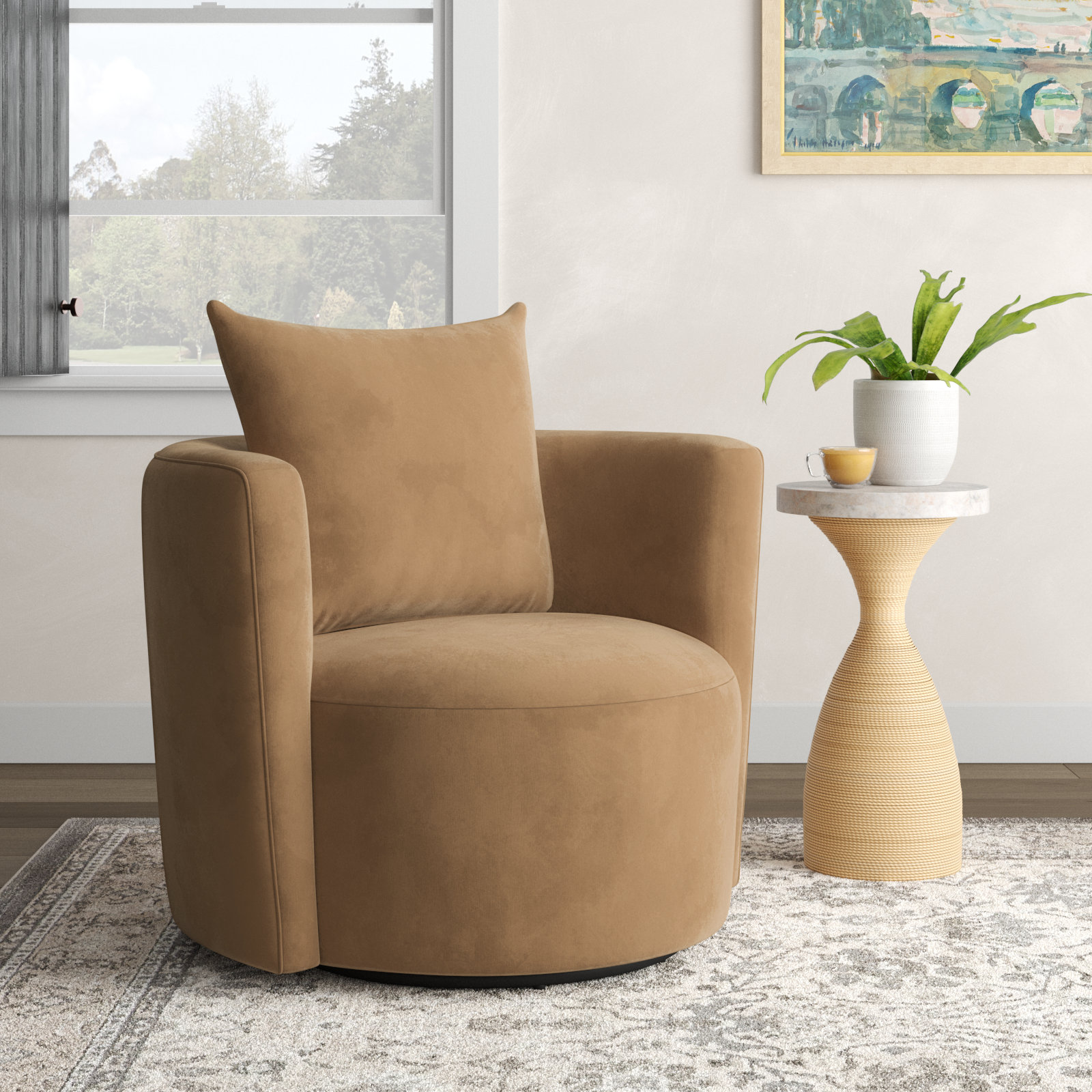 Noblestown Swivel Barrel Chair, Bella Buckwheat Performance Velvet