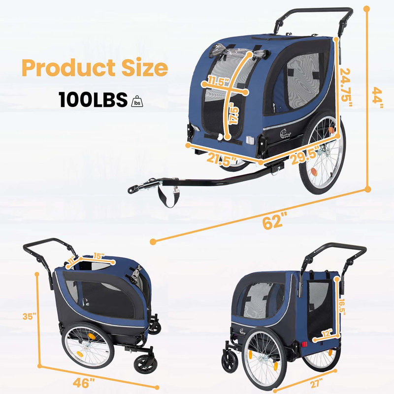 Remorque 2 en 1 et poussette pour animaux jusqu'à 100 lb - pliable avec roulettes avant de 8 po et roues remplies d'air de 20 po, filet et housse de pluie