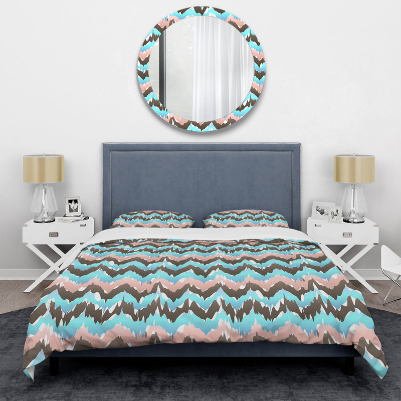 Ensemble de housse de couette à motif ikat Ogee brun et bleu, Housse de couette simple + 1 taie décorative stan