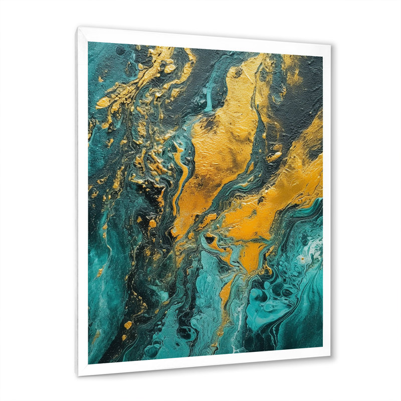 Golden Turquoise Waves Breaking Abstract - formes abstraites, impressions d'art mural, H 40 po x l 30 po x P 1,5 po
