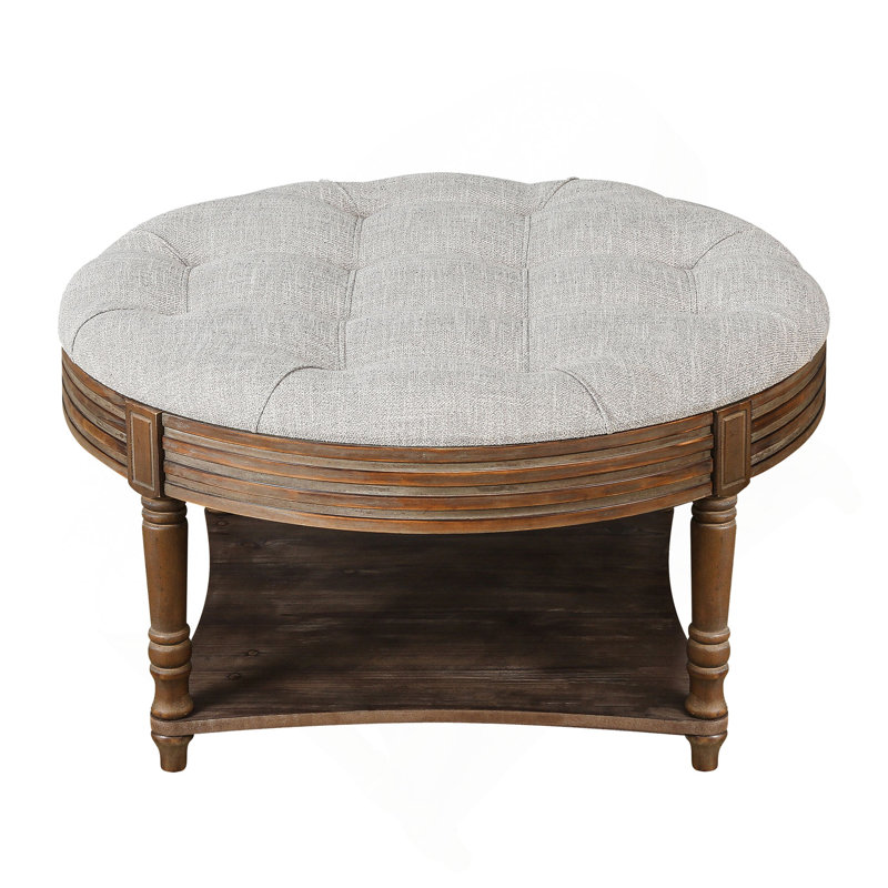 Grande table basse ronde avec repose-pieds imperméable surdimensionné à 2 niveaux avec tablette en bois et rangement en bois
