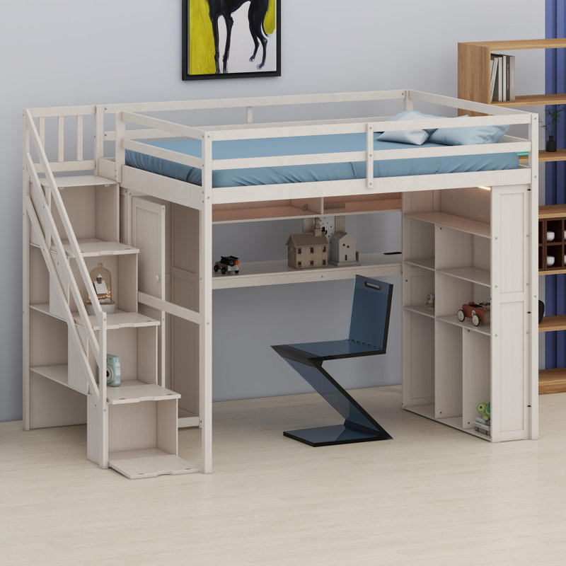 Structure de lit Smart Loft avec zone d'étude, garde-robe organisée, tablettes de présentation et éclairage de travail, Beige