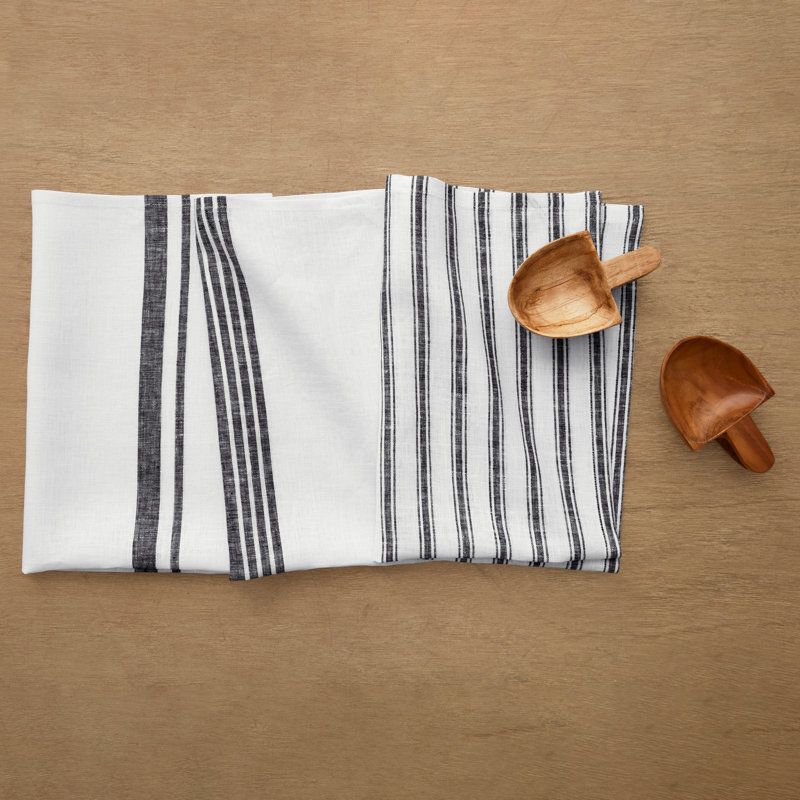 Set of 3 Black and White Linen Kitchen Towels