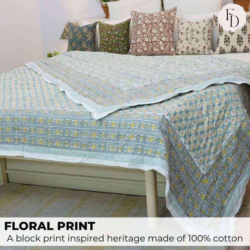 Literie bohème de luxe à motif floral en tissu imprimé Fab Fabine pour chambre et canapé, Très grand californien, Vert/blanc
