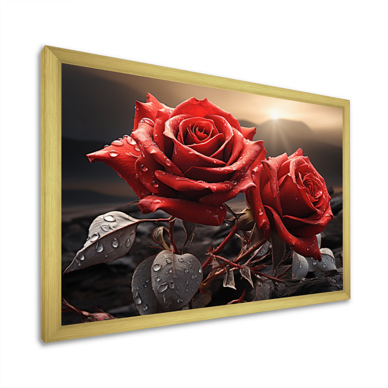 Champ de roses rouges et noires avec coucher de soleil, H 16 po x l 32 po x P 1 po, Cadre doré à une seule photo