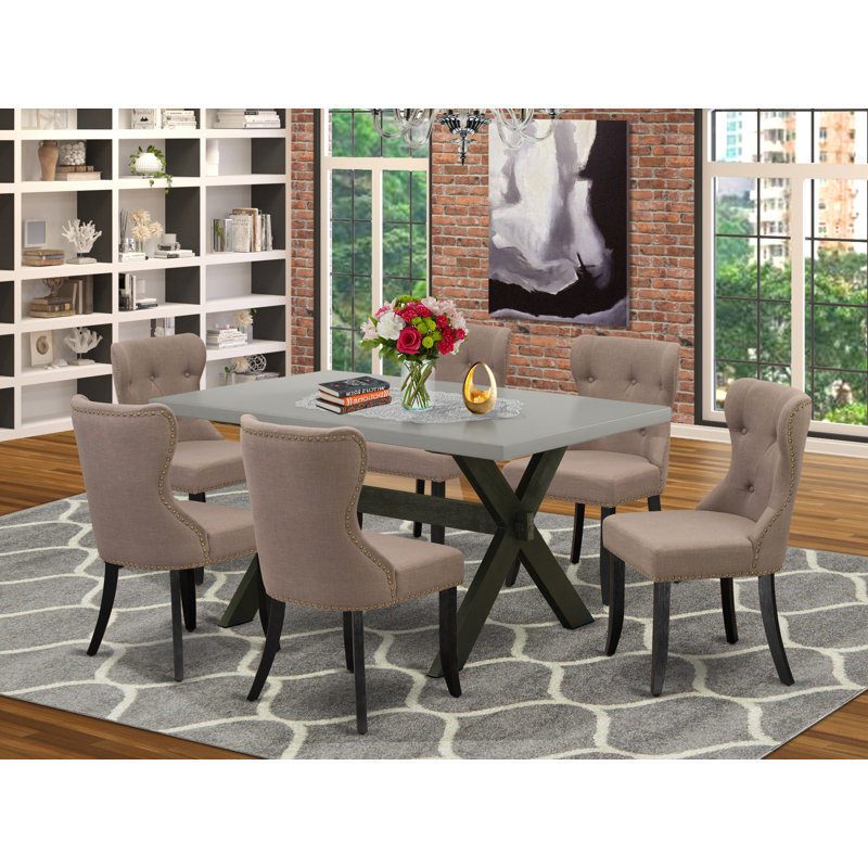 Ensemble de table et chaises de cuisine 7 pièces composé d'une table de salle à manger rectangulaire avec pieds en X et 6 chaises rembourrées en tissu de lin café, finition noire brossée