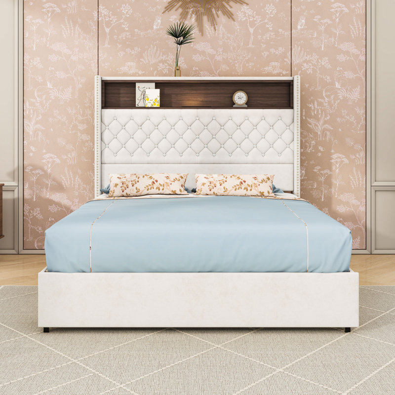 Lit plateforme en bois avec tête de lit capitonnée, ports de charge USB, lumière et tablette, Beige, Double