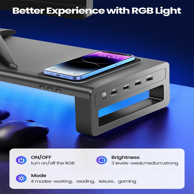 Monitor Stand With Wireless Charging,3 USB 3.0 Ports, 20W Type C Fast Charging