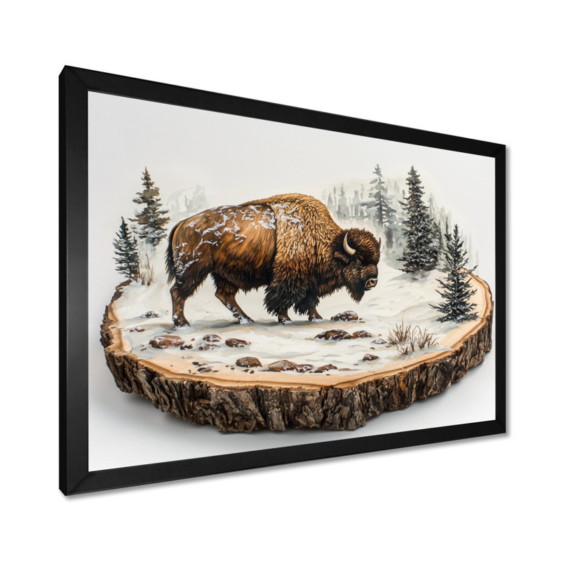 Marven Bison in Winter Forest Landscape II - Bison, art mural, Cadre simple, Noir, H 12 po x l 20 po