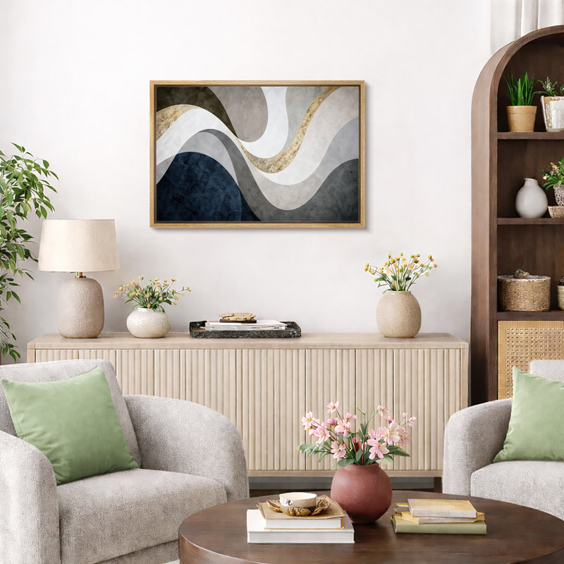 Abstrait bleu or, beige, motif de vagues fluides, images de salon contemporain, impression sur toile encadrée, Cadre naturel