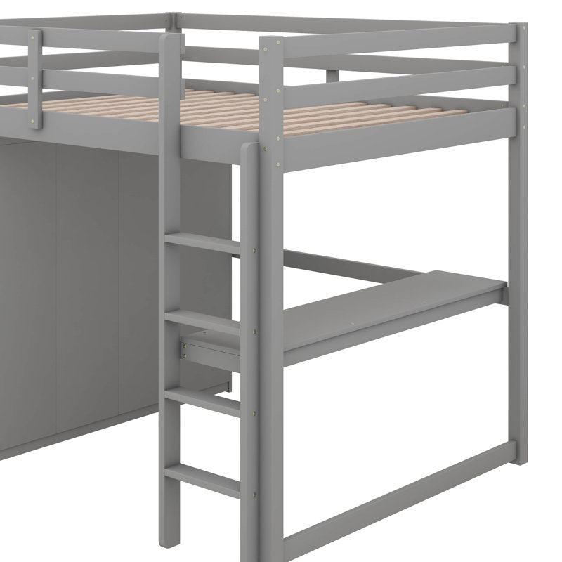 Lit mezzanine double en bois avec garde-robe intégré, gris