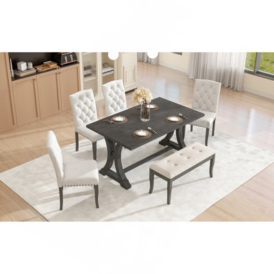 TREXM 6-Piece Farmhouse Dining Table Set, Rectangular Trestle Table and 4 Upholstered Chairs & Bench for Dining Room (Antique Gray)