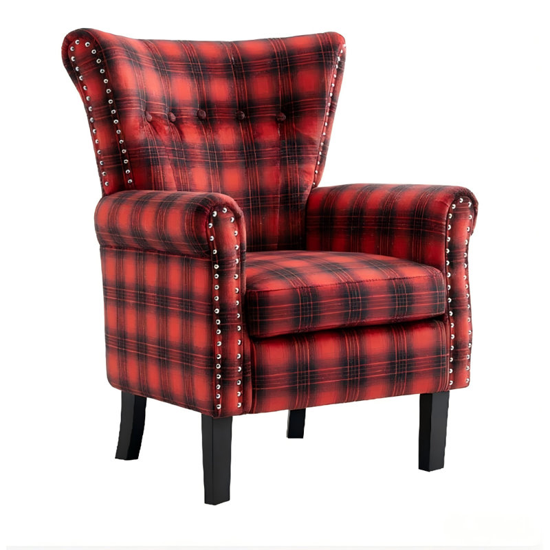 Velvet Accent Chair Upholstered Tufted Wingback With Nailhead Around For Room, Red/Black Fabric