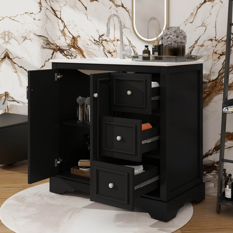 Meuble-lavabo autoportant de 36 po avec lavabo en céramique 3 tiroirs, 2 portes et tablette réglable, Noir