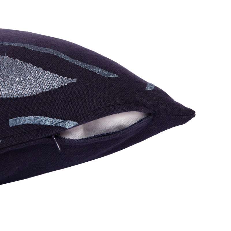 Denim Blue Embroidered Cotton Blend Square Throw Pillow