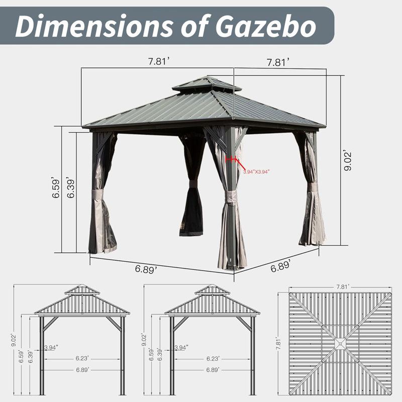 Hardtop Gazebo, Aluminum Metal Gazebo With Galvanized Steel Double Roof Canopy, Curtain And Netting, Permanent Gazebo Pavilion For Patio, Backyard, Deck, Lawn