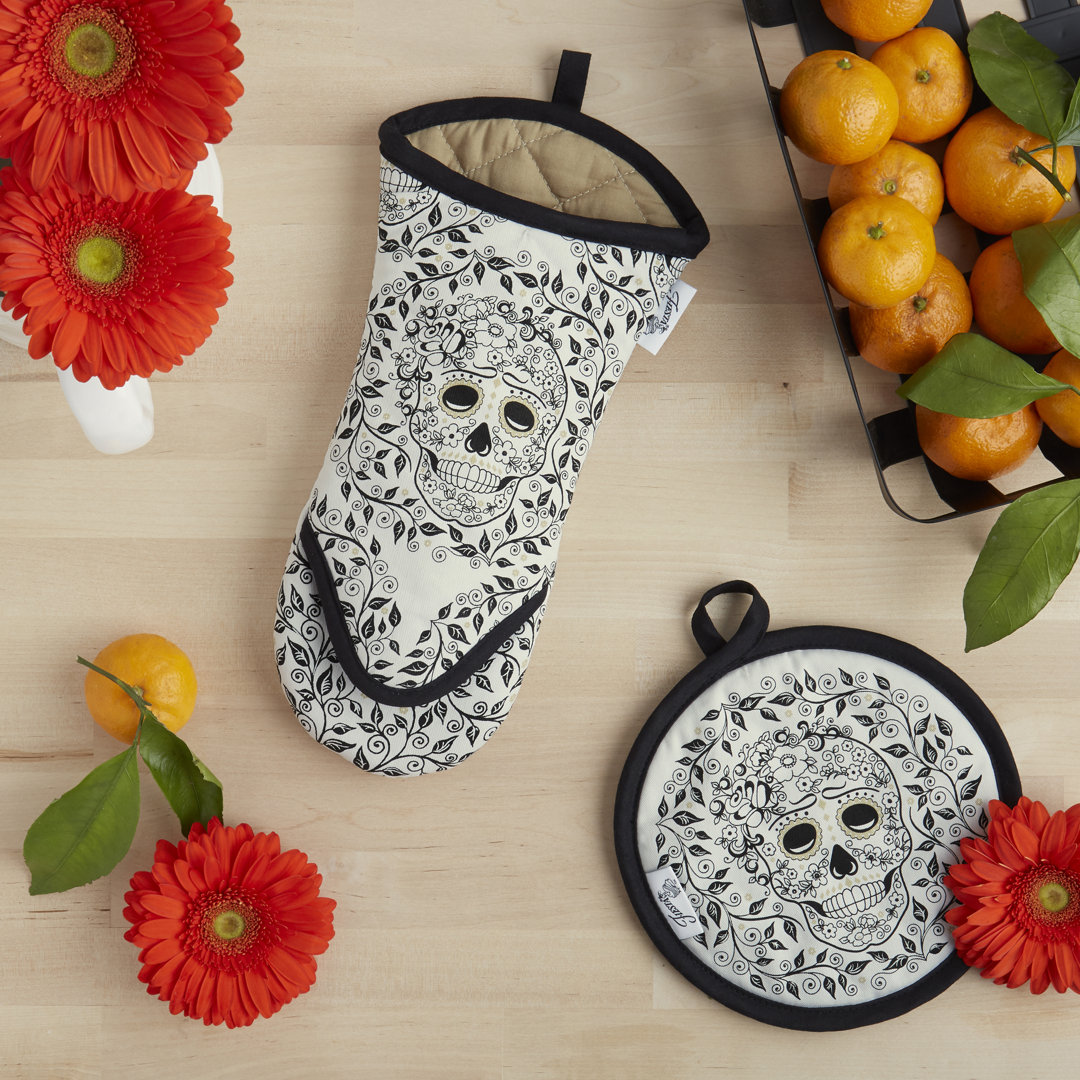 Fiesta Skull & Vine Oven Mitt & Pot Holder Set 2-Pack 6.5"X13", 8"X8", Black/White Fiesta