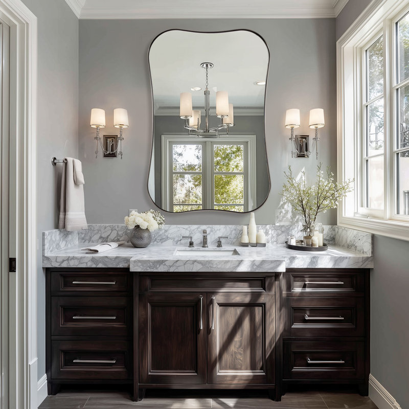 Modern Dual Concave Scalloped Rectangle Bathroom Vanity Mirror | Stainless Steel Frame, Polished Chrome, 36" x 24"