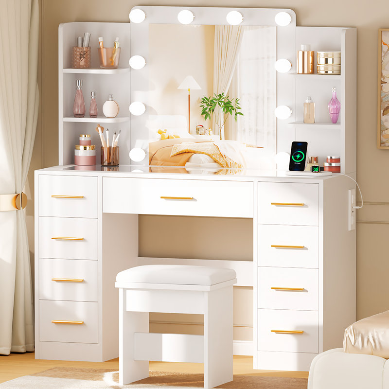 Adriel 55.1"h Makeup Vanity Desk With 9 Drawers, Glass Top & Power Outlet