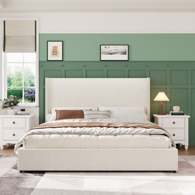 Structure de lit plateforme à oreilles crème en velours côtelé avec 4 tiroirs de rangement roulants, grand lit, capacité de poids de 1 100 lb, support à lattes de bois, aucun sommier nécessaire