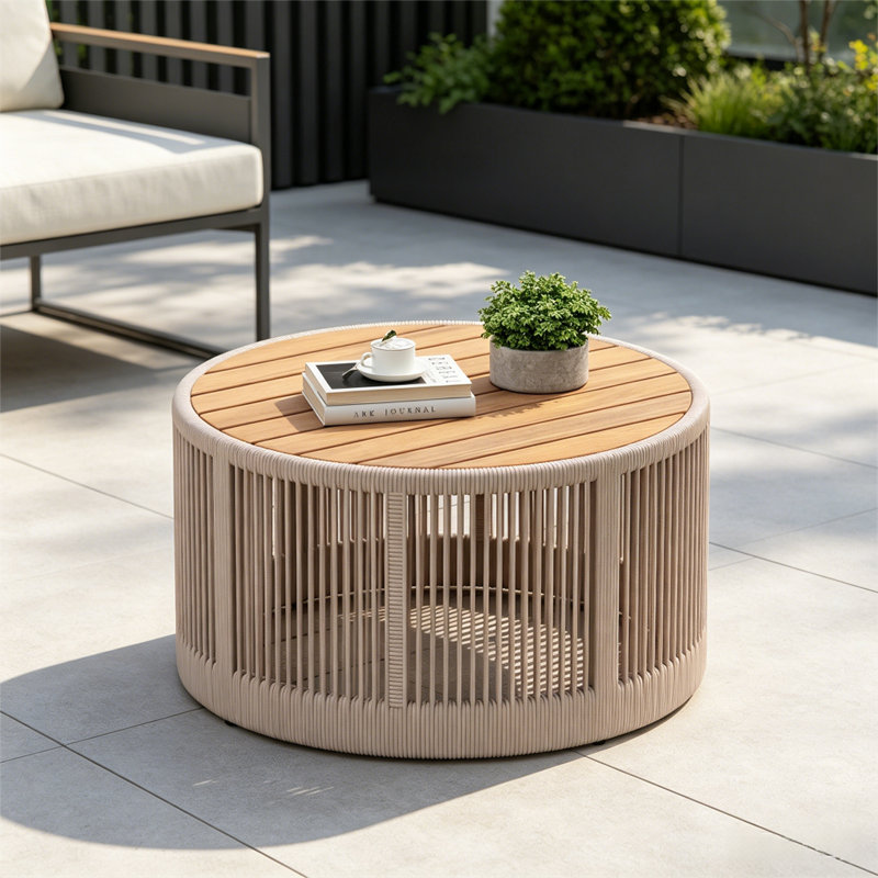 Table basse d'extérieur en corde de rotin et bois d'acacia, Beige