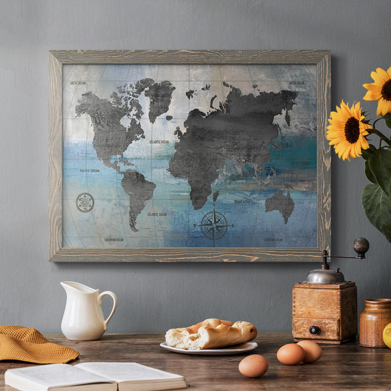 Carte du monde bleue et grise, reproduction sur toile, Gris, H 14 po x l 20 po x P 1,5 po
