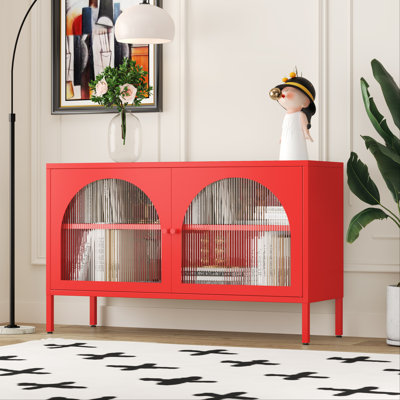 Armoire de rangement translucide avec portes réglables, meuble télé en métal, armoire de rangement polyvalente en métal pour la maison, le bureau, le vestibule et le salon (rouge)