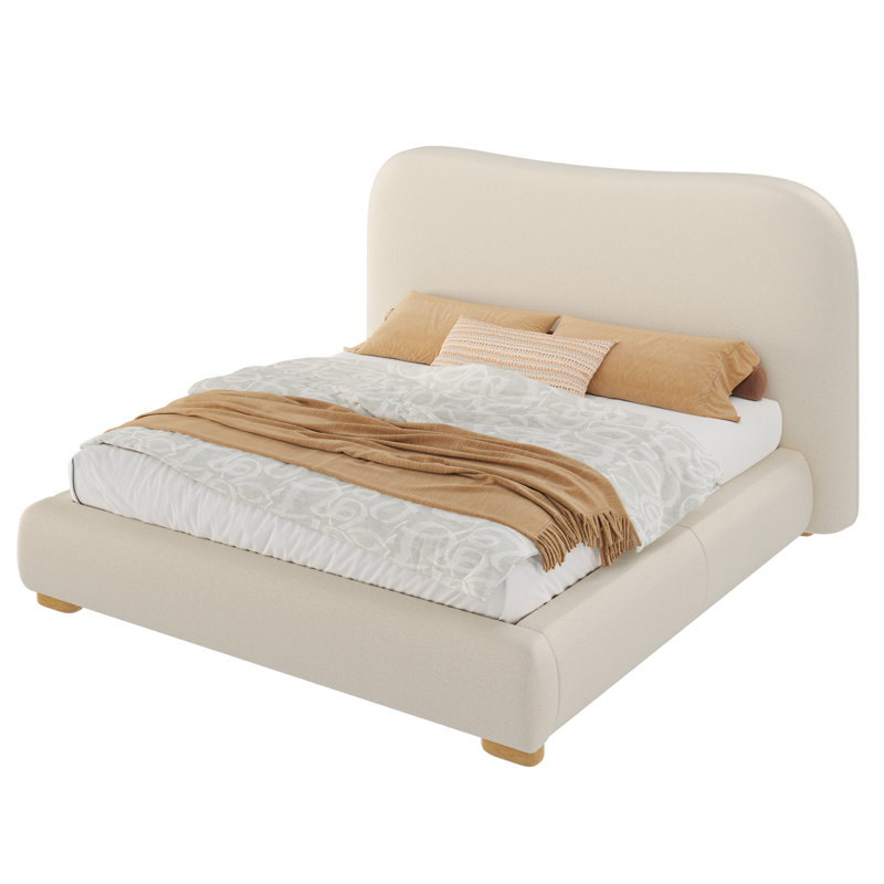 Modern Upholstered Platform Bed with Curved Headboard and Rounded Footboard, Cream, Full