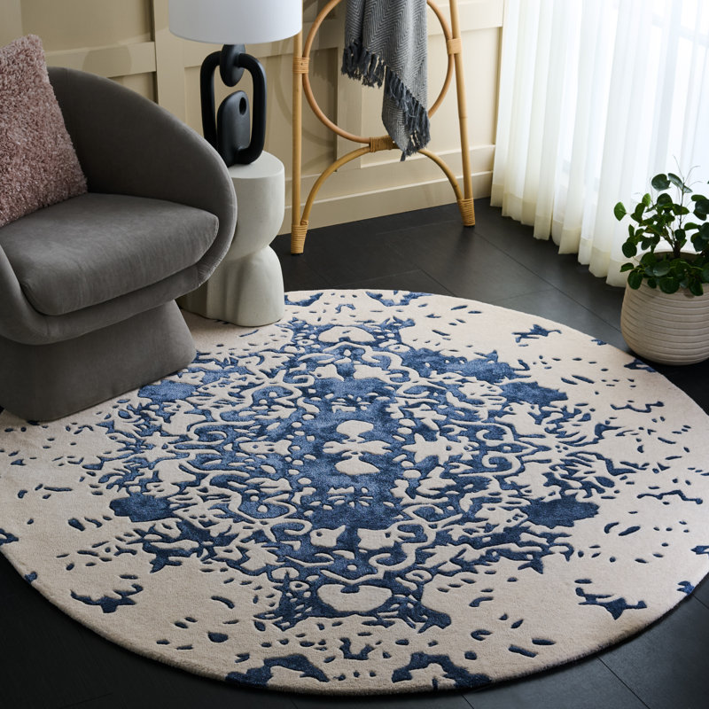 Laine touffetée à la main Fifth Avenue 751; Viscose Tapis abstrait en coton bleu / ivoire, Rond 6 pi