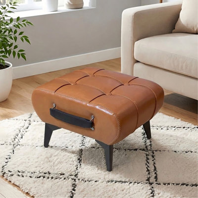 Tabouret en cuir de haute qualité, équipé de poignées portables et de pieds en métal; Repose-pieds carré moderne et minimaliste avec espace de rangement caché, disponible en plusieurs couleurs, convenant au salon