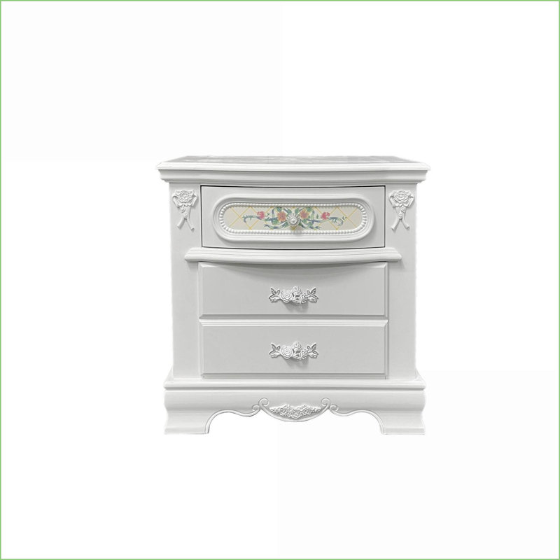 Table de chevet blanche à 2 tiroirs avec détails floraux