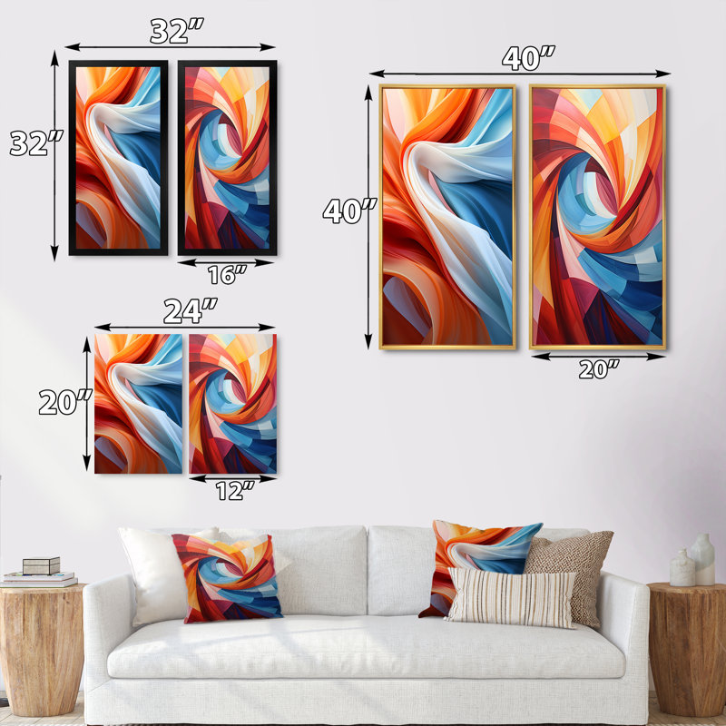 «Blue Brown Fractal Spiral», 2 pièces sur toile, Encadrement doré, H 32 po x l 32 po