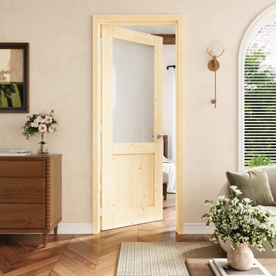 28" x 80" Half-Lite Pine Wood & Frosted Glass Interior Prehung Door with Silver Hinges, Privacy Glass Door Slab with Frame, Interior Door as Pantry Door, Bedroom Door, Laundry Door, Closet Doors, Room Doors, Left Hand