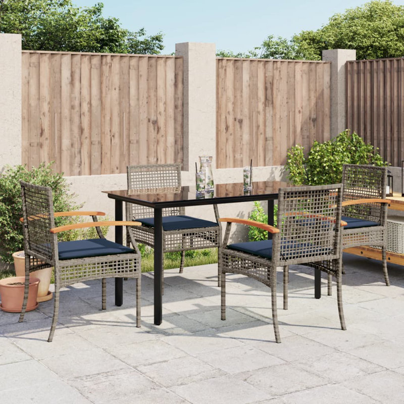 Ensemble repas 5 pièces avec coussins en rotin beige Hokku Designs, Bleu / gris, H 29,1 po x l 27,6 po x L 55,1 po, 4