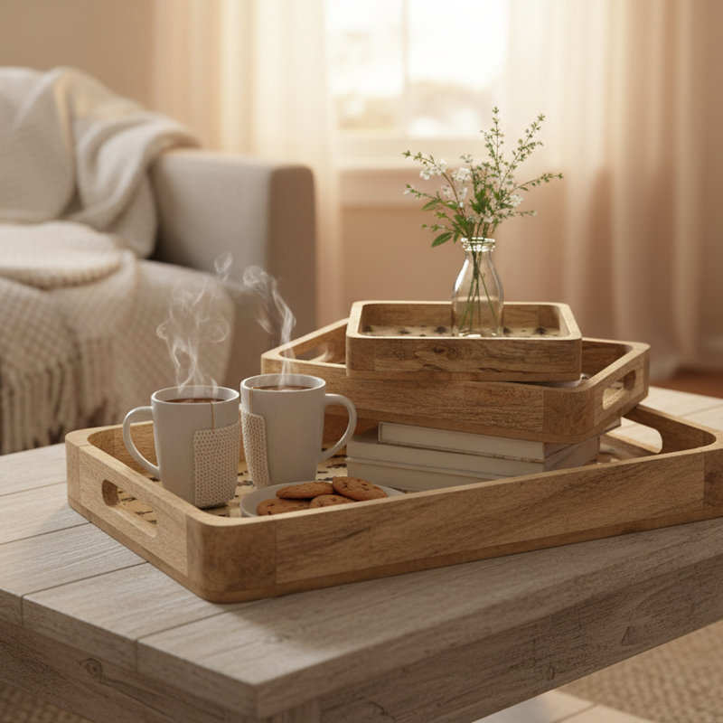Ensemble de 3 plateaux en bois avec revêtement en émail