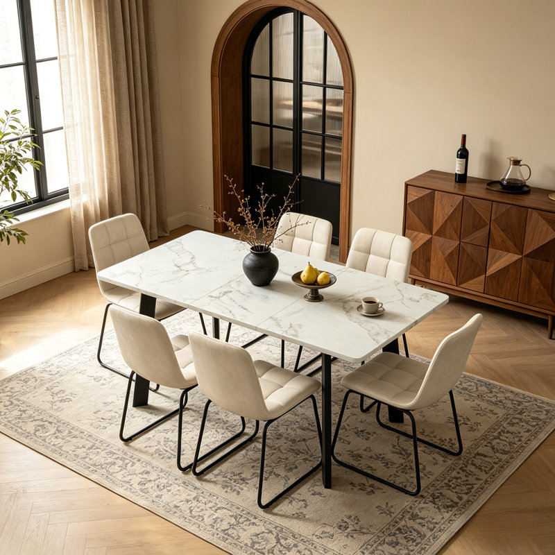 Ensemble de table de salle à manger extensible Aurik de 47,1 po à 63,1 po, table de cuisine en MDF de faux marbre et 6 chaises en cuir PU