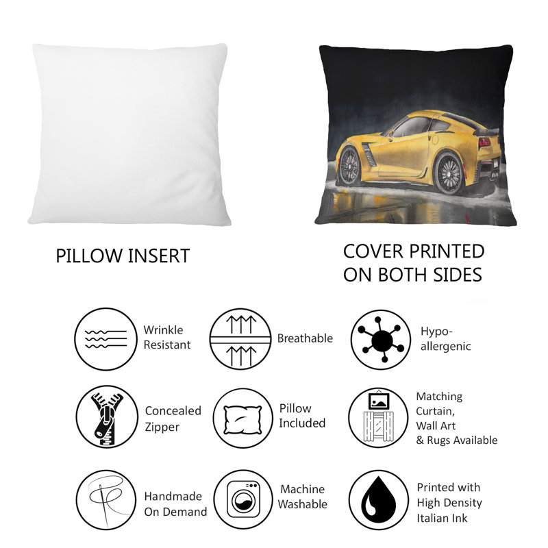 Une voiture de sport jaune avec son ombre - Coussin décoratif imprimé industriel 1