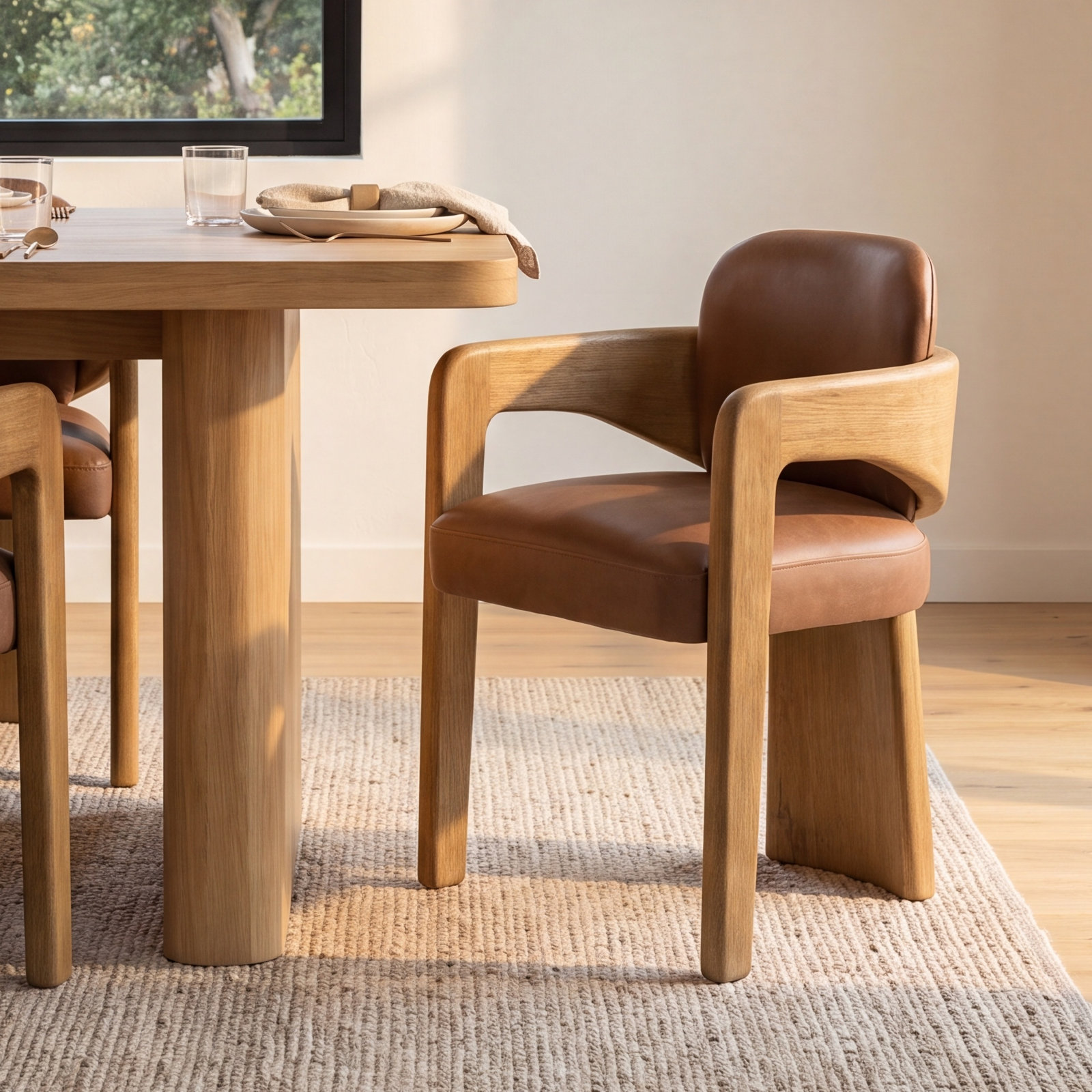 Aideen Genuine Leather Oak Dining Armchair, Palermo Cigar