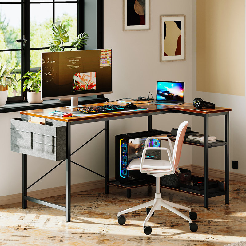 Kirstey L-Shape Gaming Desk with Built in Outlets,Computer Desk with Monitor Stand, Rustic Brown/Black