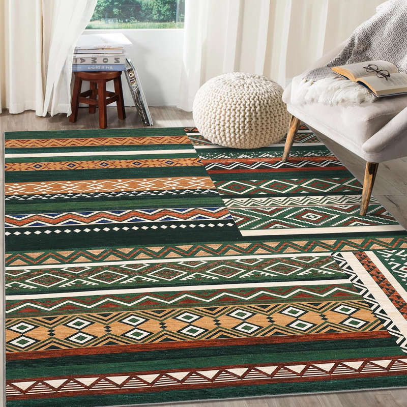 Vintage Patchwork Rug Washable Grey Hallway Non Slip Geometric Carpet Stain Resistant Tribal Soft Mat Low Pile Foldable