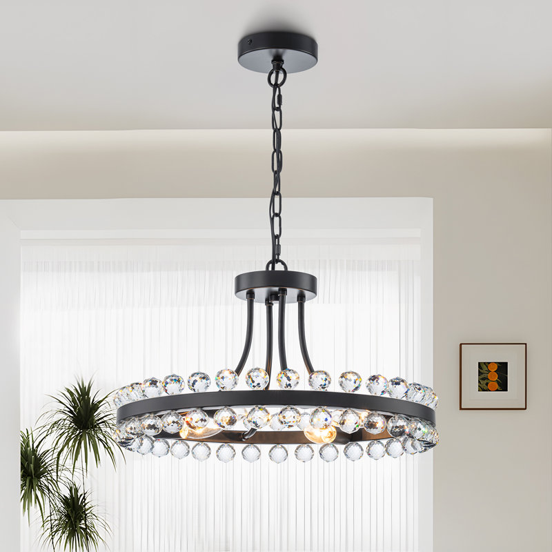 Lustre en roue de chariot à 4 lumières de style bougie en cristal Mion, Noir mat