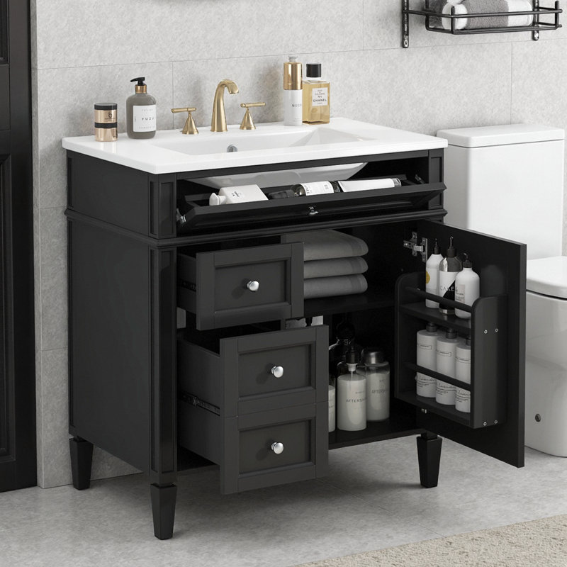 Meuble-lavabo moderne 30 po avec lavabo en céramique, armoire de rangement à 3 tiroirs et rangement noir, Noir, Argent argent
