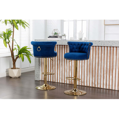 Chaise de bar rotative en velours à 360 °, dossier fabriqué à la main à hauteur réglable en un clic, chaise de salle à manger très douce avec coussin 2 pièces / ensemble