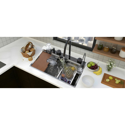 Évier de cuisine Waterfall Smart 32 po, station de travail encastrée, cuve simple en acier inoxydable 16 jauges avec robinet rétractable, laveuse à tasses, passoire, planche à découper, évier multifonction 31,5 po x 17,7 po x 9 po noir