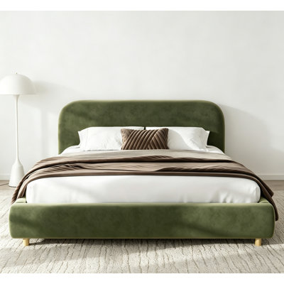 Lit plateforme très grand avec tissu en velours, lit plateforme tapissier avec tête de lit courbée, vert olive