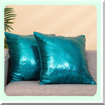 Sequin Teal Throw Pillow Set - Decorative Couch Covers - Sparkling Cushion Covers for Living Room - 2 Pack Glittery Sofa Pillows
