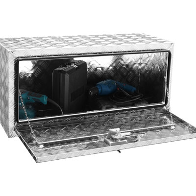 Coffre de camion étanche 36"14"16", aluminium, fermeture à poignée en T, idéal pour le camping. Plaque de protection robuste en tôle larmée pour un rangement optimal des outils.